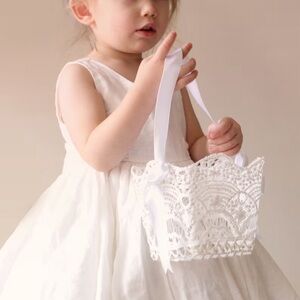 Lace Stiffened Crochet Flower Girl Basket - White
